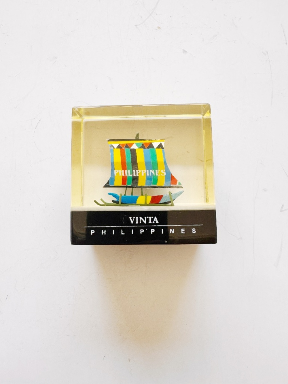 Vintage Philippine Heritage Vinta Outrigger Boat Acrylic Block Paperweight 2.5"